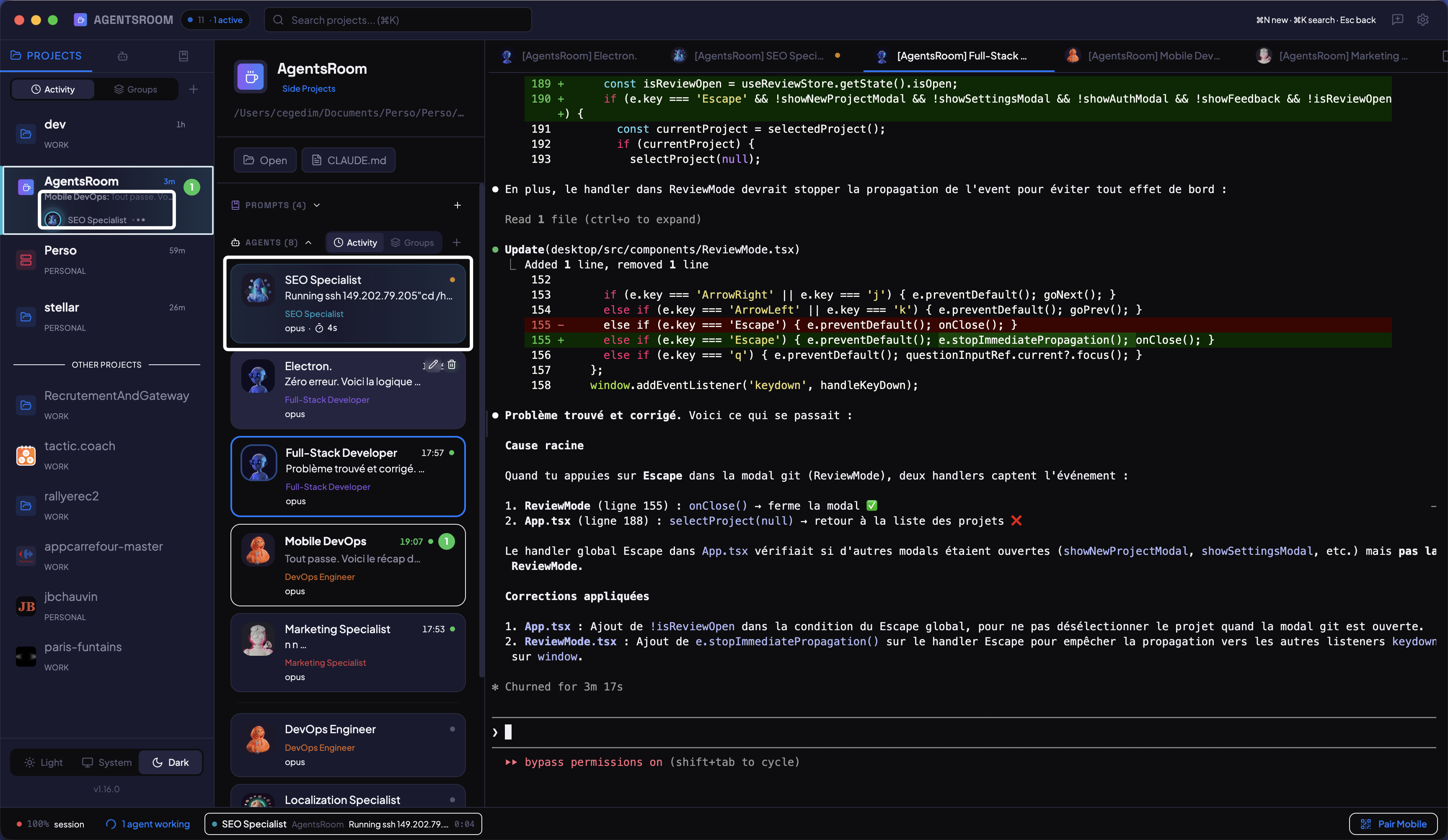 AgentsRoom agent status: live indicators showing which Claude Code agents are working, done, or waiting