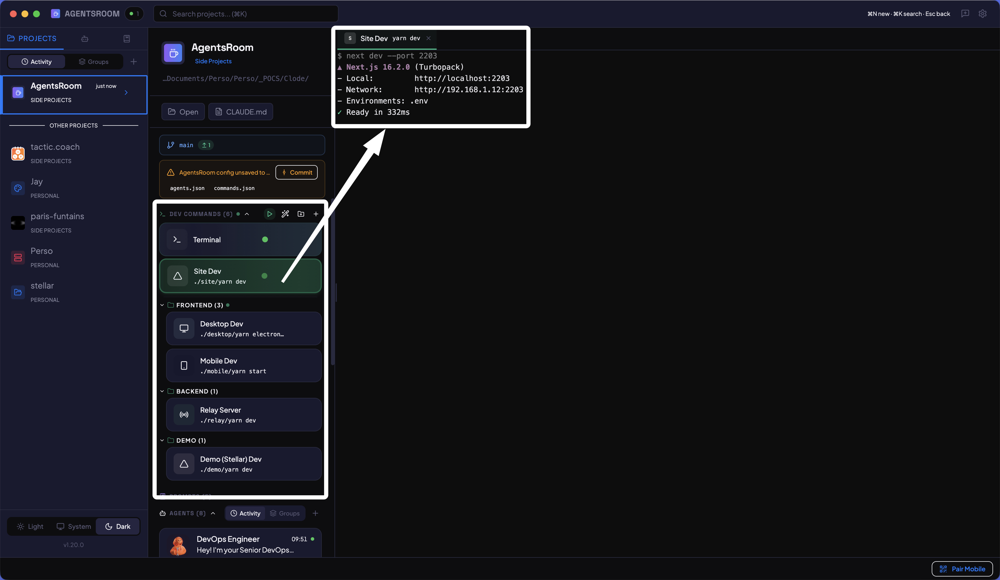 AgentsRoom Dev Terminals: manage and launch all project dev servers, backends, and services from one dashboard