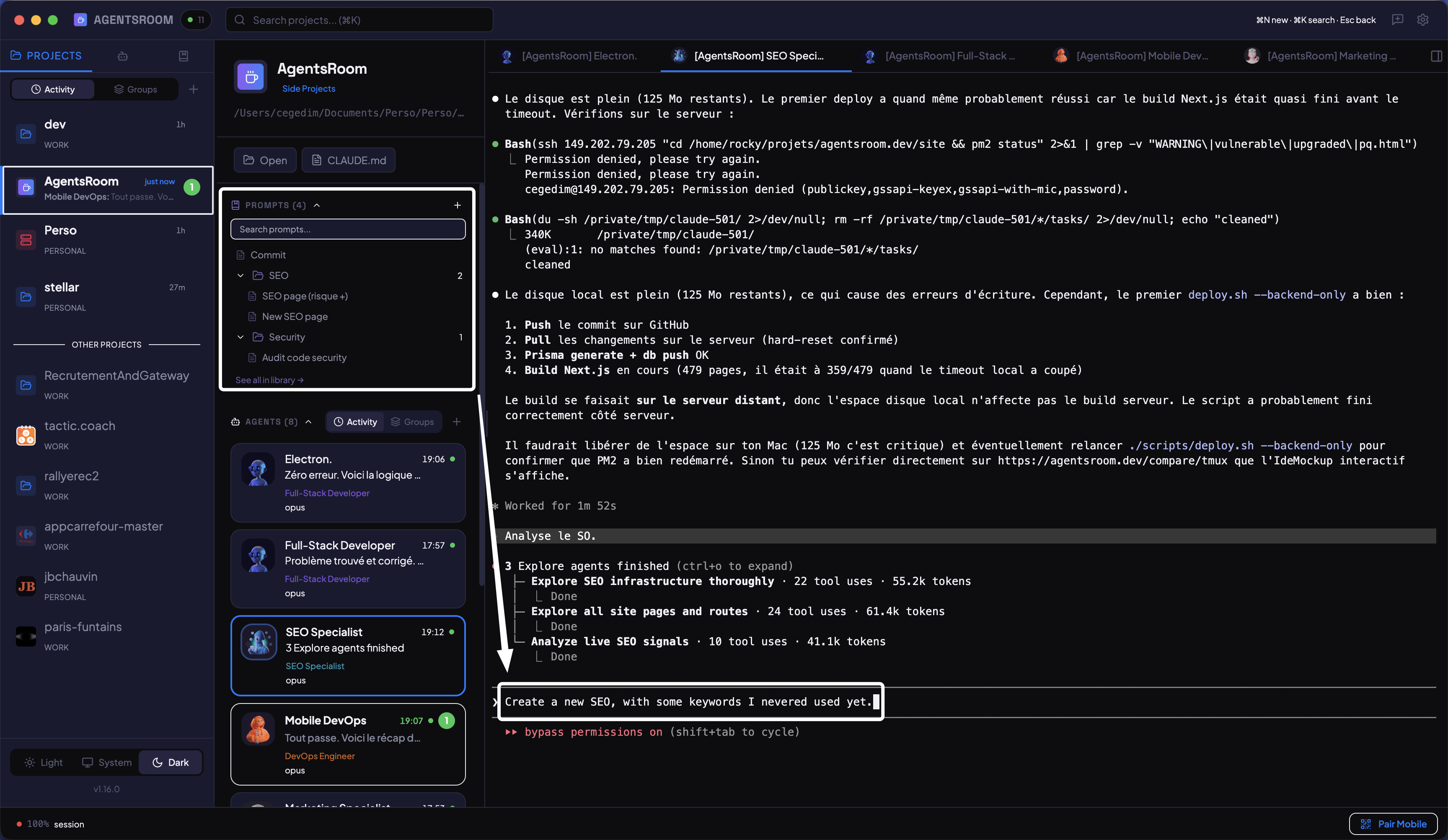AgentsRoom prompt library: save, organize and reuse Claude prompts per project